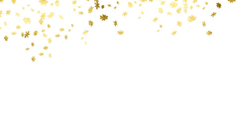 Gold snow. Golden Snowflakes and  border the isolated PNG illustration. Golden Foil Pieces flakes. Snow particles create a magical winter backdrop for holiday projects,ads.