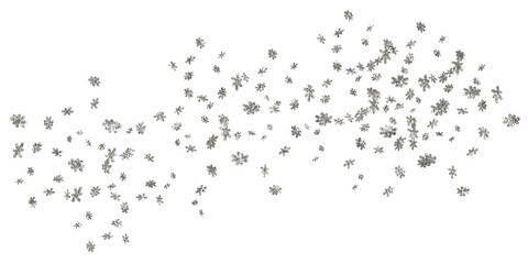Silver snowfall with sparkling snowflakes, a frosty glow, and silver particles create a magical winter backdrop for holiday projects. Transparent snowflakes and stars decorate the isolated PNG.ads.