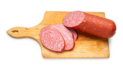 Smoked sausage on a kitchen board, white isolated background