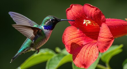 Fototapeta premium Iridescent hummingbird hovers near bright red trumpet-shaped flower gathering nectar.