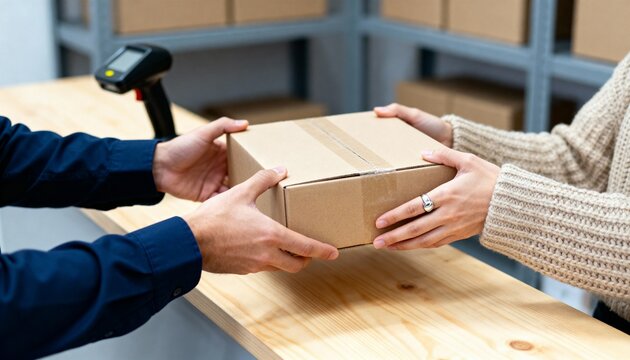 Person hands cardboard package to another person over wooden counter.