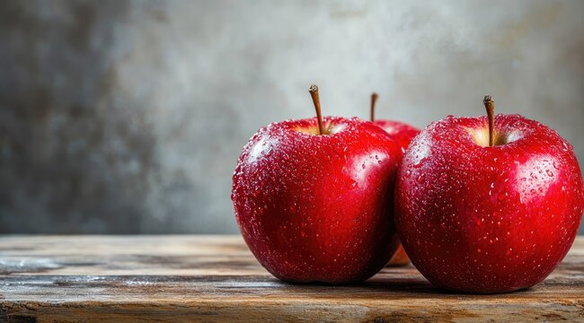 Three fresh red apples on a rustic wooden surface