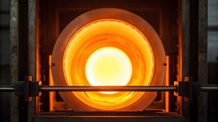 Glowing molten glass furnace in workshop showing heat