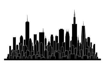 Dense Black-and-White Graphic of Panoramic City Skyline Silhouette - From Low to Super-Tall Buildings on White Canvas