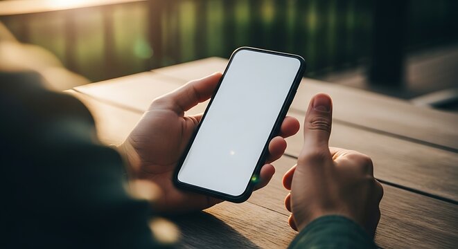 Person holding smartphone with blank screen on wooden table outside