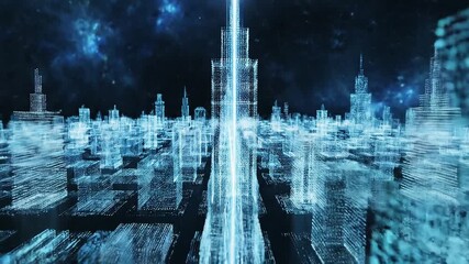 A captivating, low-angle UHD (Ultra High Definition) loopable animation of a dynamic, interconnected 3D city. The futuristic cityscape is intricately constructed from glowing data points and lines, sy - Powered by Adobe