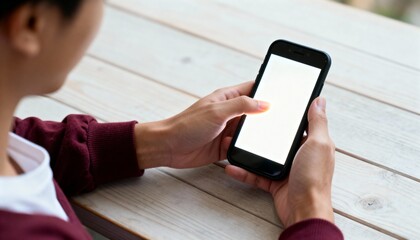 Person holds smartphone with blank white screen on wood surface