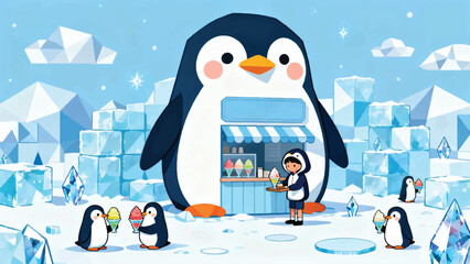 Illustration Of A Penguin Shaped Shop And A Child Serving The Penguins Vector Design Template © BedRoses