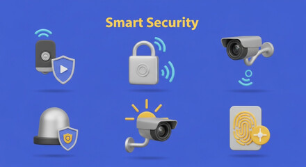 Smart Security 3D Icon Set – Video Doorbell, Cameras, Lock, Alarm