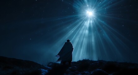 Person in cloak stands under bright light in dark night with stars