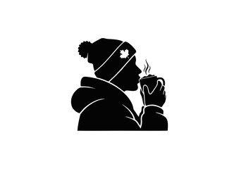 Minimalist black silhouette icon featuring a person in a winter hat adorned with a maple leaf, enjoying a steaming hot beverage from a mug, evoking feelings of warmth and comfort