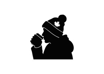 Silhouette of a Person Drinking Hot Beverage in Winter Attire, with a Maple Leaf on Hat