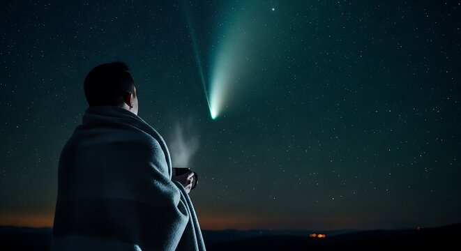 Person in blanket holds hot beverage watching comet in starry sky