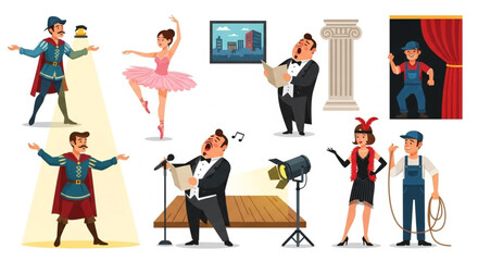 Theater Performance Actors and Stage Show – Vector Illustration Set