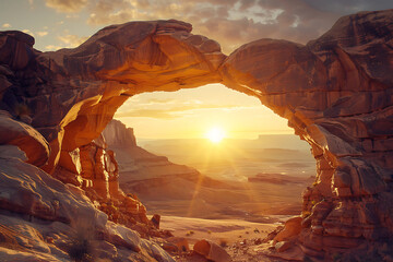 Natural rock archway framing golden sunset over desert landscape with sun rays natural arch golden hour