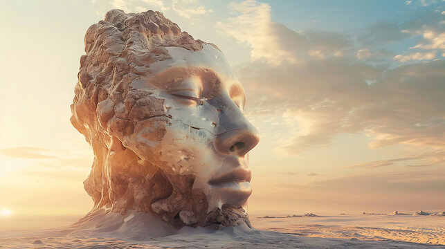 Monumental Stone Face Sculpture in a Desert Landscape at Sunset stone sculpture - Powered by Adobe