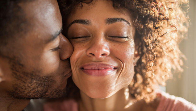 primer plano de una pareja afroamericana de enamorados, dando un beso el hombre a la mujer en la mejilla. Concepto amor, San Valentin