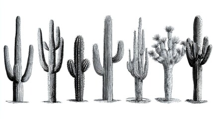 Engraved Cactus Varieties: Desert Botanical Illustrations
