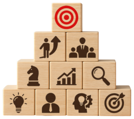 Business Strategy Concept with Icons on Wooden Blocks Stacked in Pyramid graphic design isolated on a transparent background