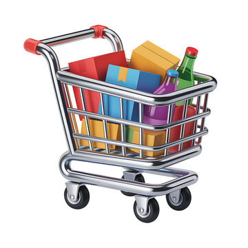Chrome Shopping Cart Filled with Colorful Groceries and Products trolley supermarket