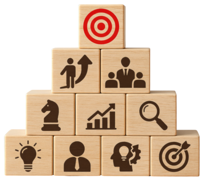 Business Strategy Concept with Icons on Wooden Blocks Stacked in Pyramid graphic design isolated on a transparent background - Powered by Adobe