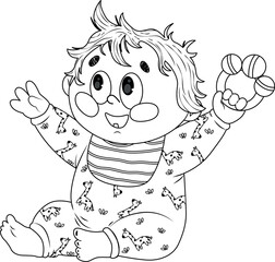 Coloring page with a little baby in a jumpsuit sitting with a rattle in his hand.