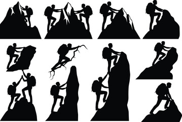 Mountain climbing, rock climbing, adventure sport, teamwork action, silhouette style, cliff scaling, outdoor challenge, physical effort, exploration spirit, flat vector