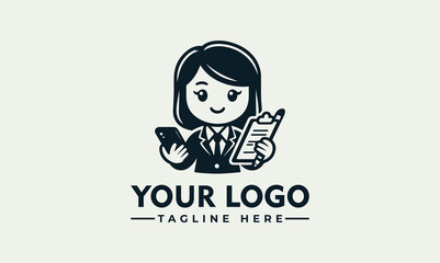 Cute businesswoman mascot holding a phone and clipboard vector. logo. illustration