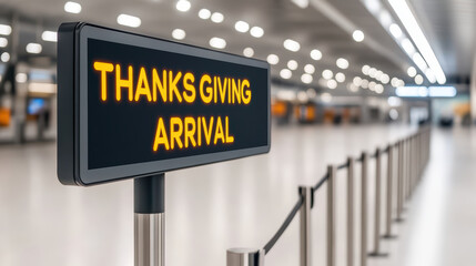 Thanksgiving Arrival Sign at Airport Terminal symbolizing holiday travel, festive returns, and seasonal passenger traffic