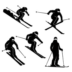 Silhouette Skiers Vector Set in Action Poses