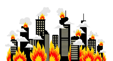 Burning city skyline with skyscrapers on fire and smoke clouds