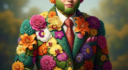 Man wears a formal jacket completely adorned with numerous colorful blossoms and foliage