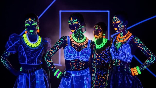 Four models in neon body paint and costumes under blacklight.