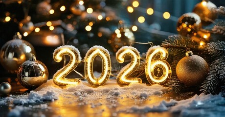 Fototapeta premium Festive scene shows glowing numerals 2026 amid ornaments, snow, lights. Warm tones create celebratory mood. Holiday spirit evident.