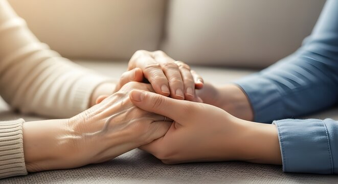 Enfermera, manos y paciente mayor en empat&iacute;a, seguridad y apoyo de ayuda, confianza y consultor&iacute;a sanitaria.
 Hogar de ancianos, asesoramiento y agradecimiento por el cuidador m&eacute;dico, el cliente y la