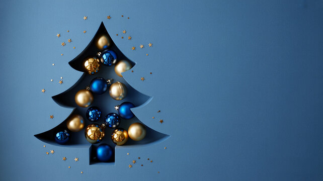 Festive Christmas tree silhouette filled with colorful ornaments and star confetti