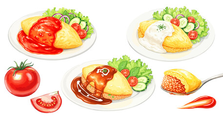 オムライス各種セット（トマト・ホワイト・デミグラスソース）,洋食,カフェメニュー,チキンライス,リアル,水彩