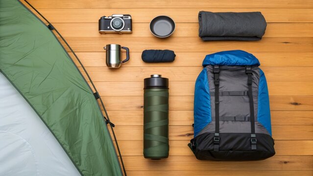 Overhead view of camping gear arranged on a wooden table