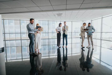 Colleagues gather in a bright, modern office hallway, using tablets and phones, sharing ideas and documents in a collaborative moment.