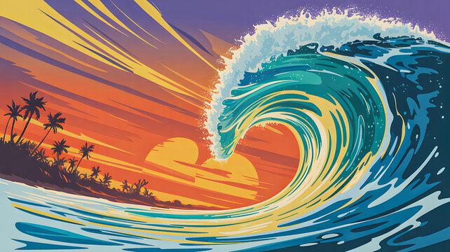 Colorful ocean wave curling at sunset with tropical coastline illustration
 - Powered by Adobe