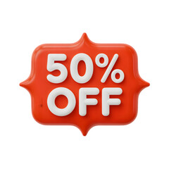 50_ Off sale Banner 3d icon in cartoon plastic style minimal isolated on transparent white background, clipping path