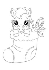 A cute pony inside a Christmas stocking illustrated as a clean black-and-white vector coloring page, for kids’ winter activities, holiday printables, worksheets, crafts and educational materials.