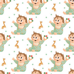 pattern with a baby in a jumpsuit with a rattle in his hand and giraffes.