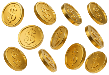 Eleven Golden Dollar Coins in Motion on White Background money currency isolated on a transparent background