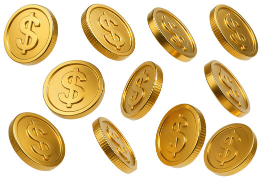 Eleven Golden Dollar Coins in Motion on White Background money currency isolated on a transparent background