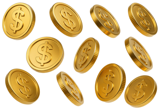 Eleven Golden Dollar Coins in Motion on White Background money currency isolated on a transparent background