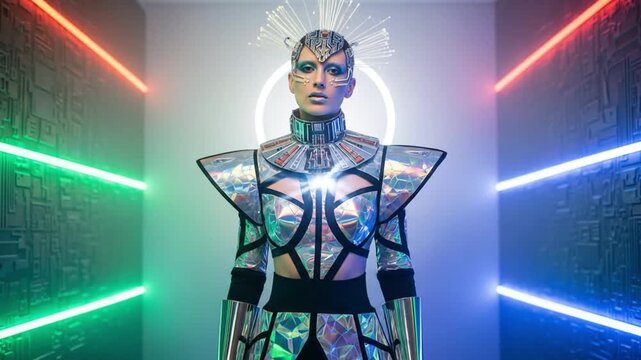 Futuristic Robot Woman in Neon Lights.