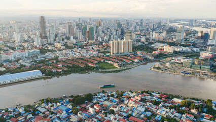 Skyline cityscape view of the river waterfront of Phnom Penh with the Tonle Sap and Mekong river...