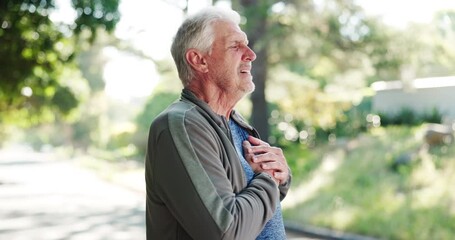 Fitness, senior man and heart attack outdoor, chest pain and health emergency. Cardiovascular injury, sore and old person with medical risk, cardiac arrest and problem with exercise in retirement - Powered by Adobe