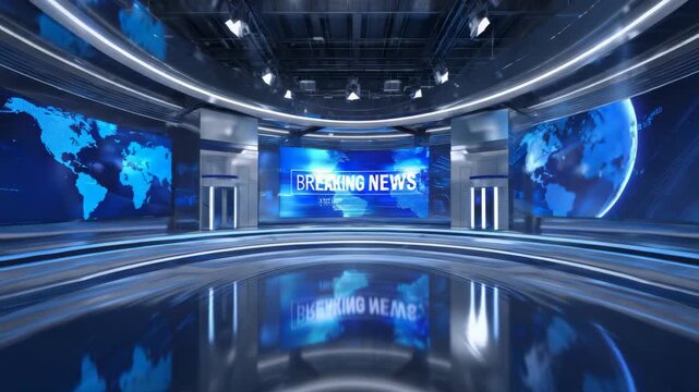 Futuristic Newsroom Background for Broadcast, 3D Virtual Studio with Breaking News Banner